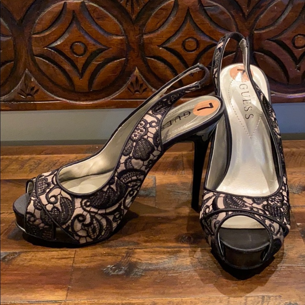 GUESS Black Lace Peep Toe Pumps